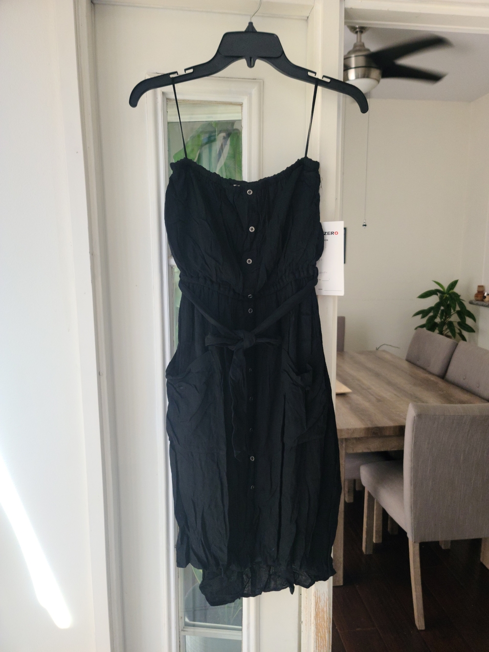 Strapless Black Button-Front Summer Dress with Tie Belt
